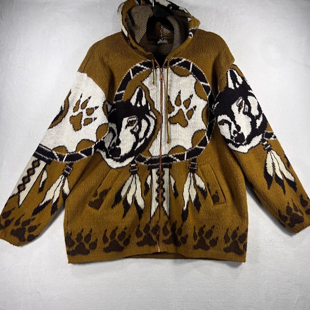 Vintage Unique Wolf Paw Print Native Zip Up Hoodie Jacket Unisex Brown Black